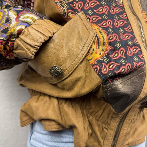 Vintage Tan Genuine Leather Patchwork Scrunched Full Zip Bomber Jacket Size S - Picture 5 of 16